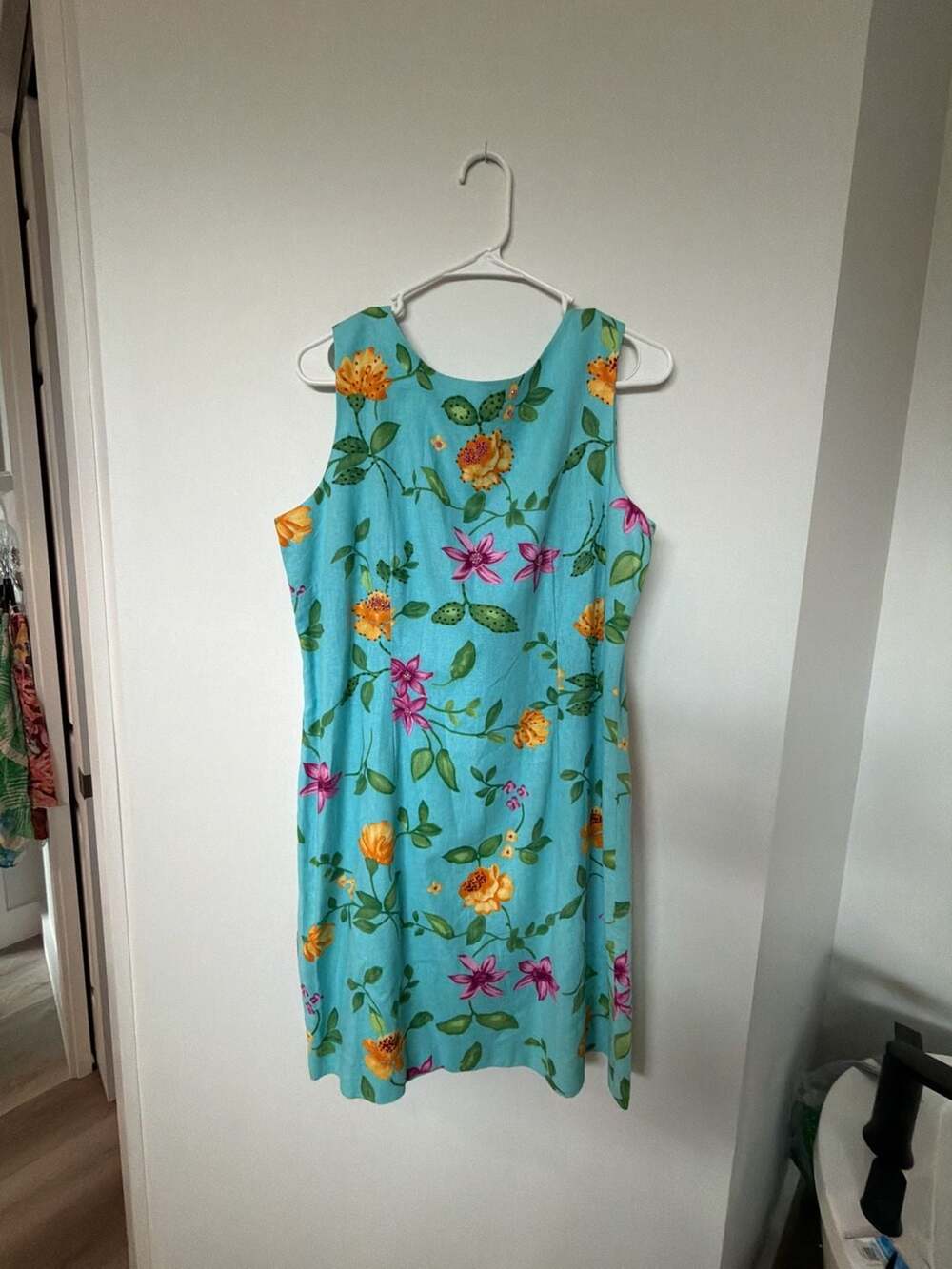 Coldwater Creek Floral Beaded Linen Blend Sleeveless Sheath Dress